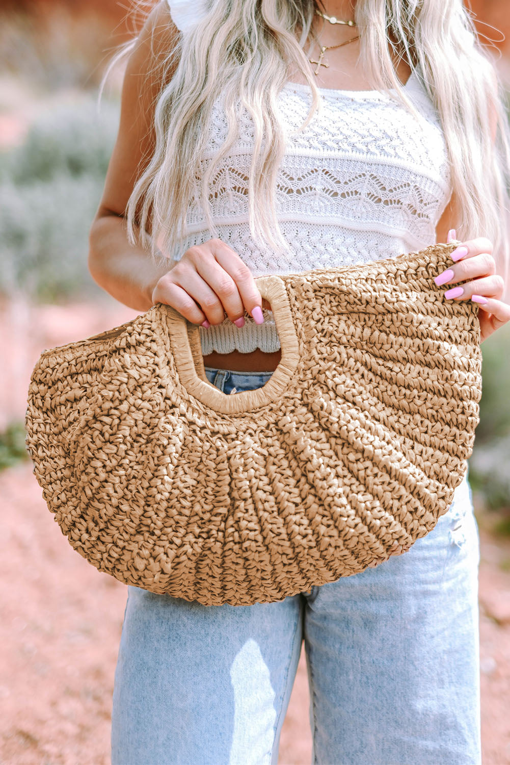 Semi-circle Braided Straw Bag