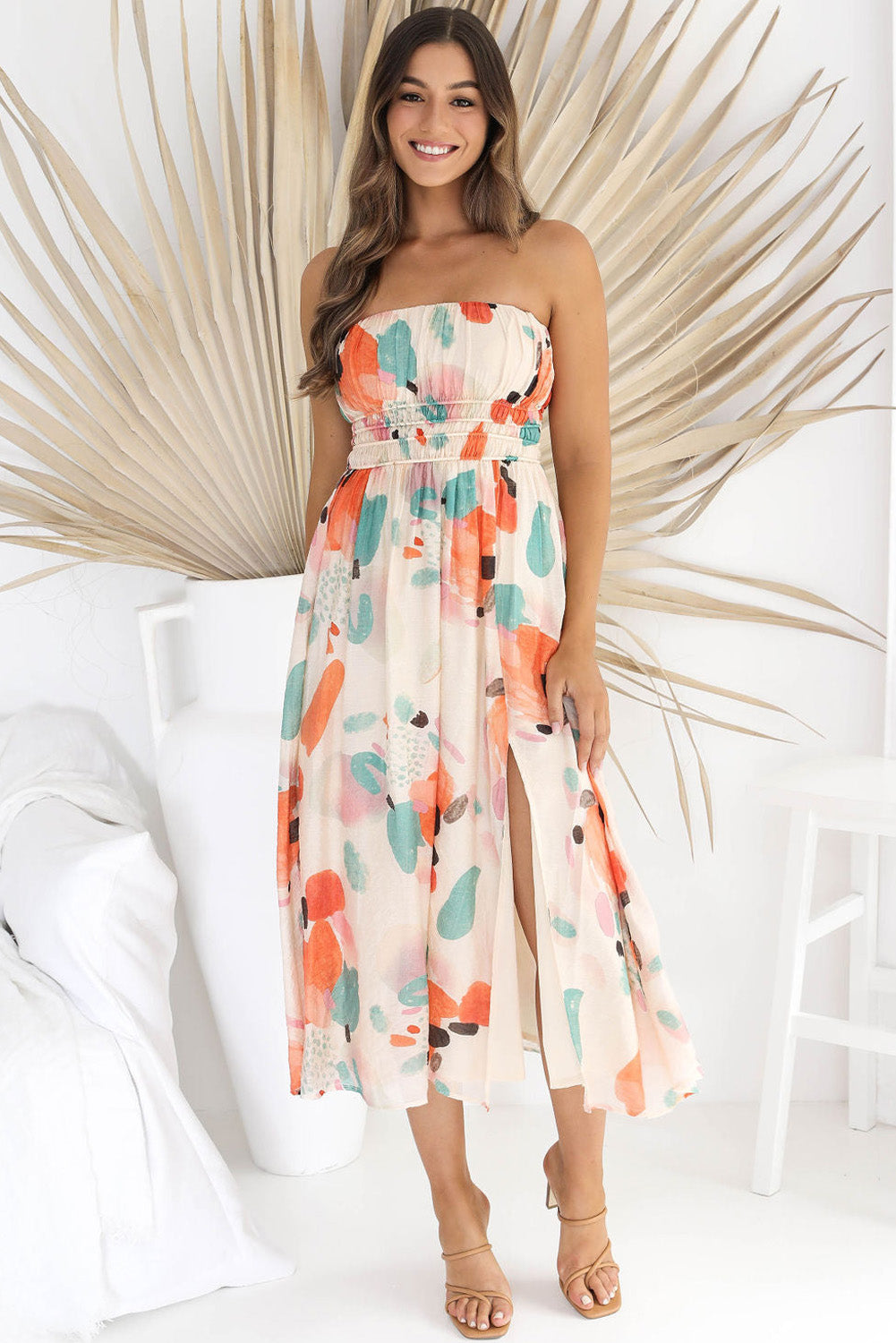 Strapless  Abstract Print Split Long Dress