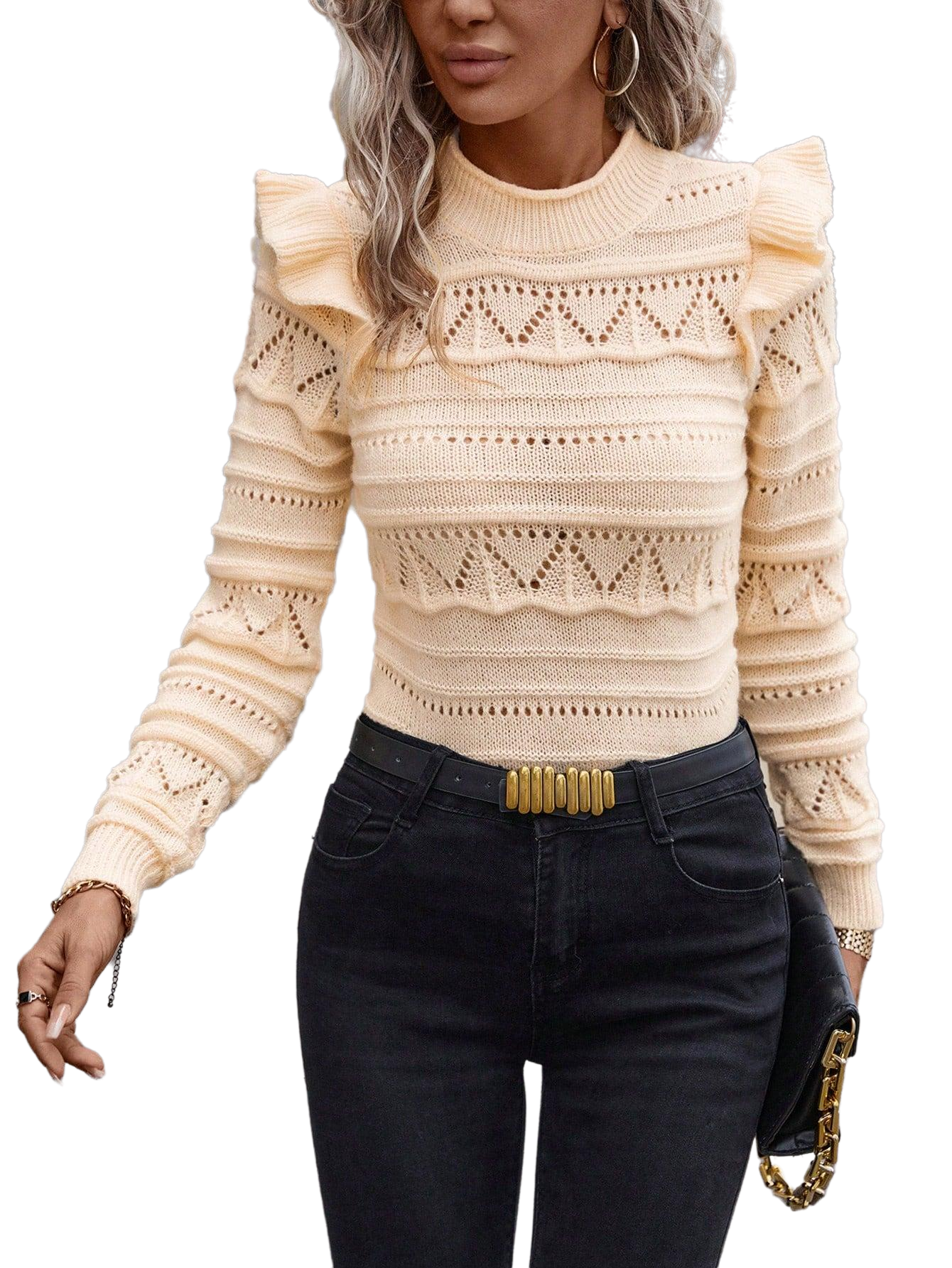 Solid Ruffle Trim Pointelle Knit Sweater