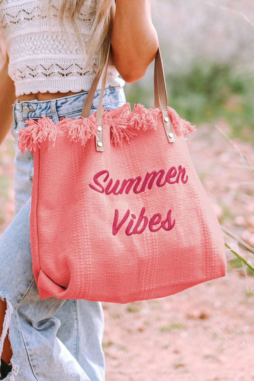 Summer Vibes Distressed Canvas Large Tote Bag