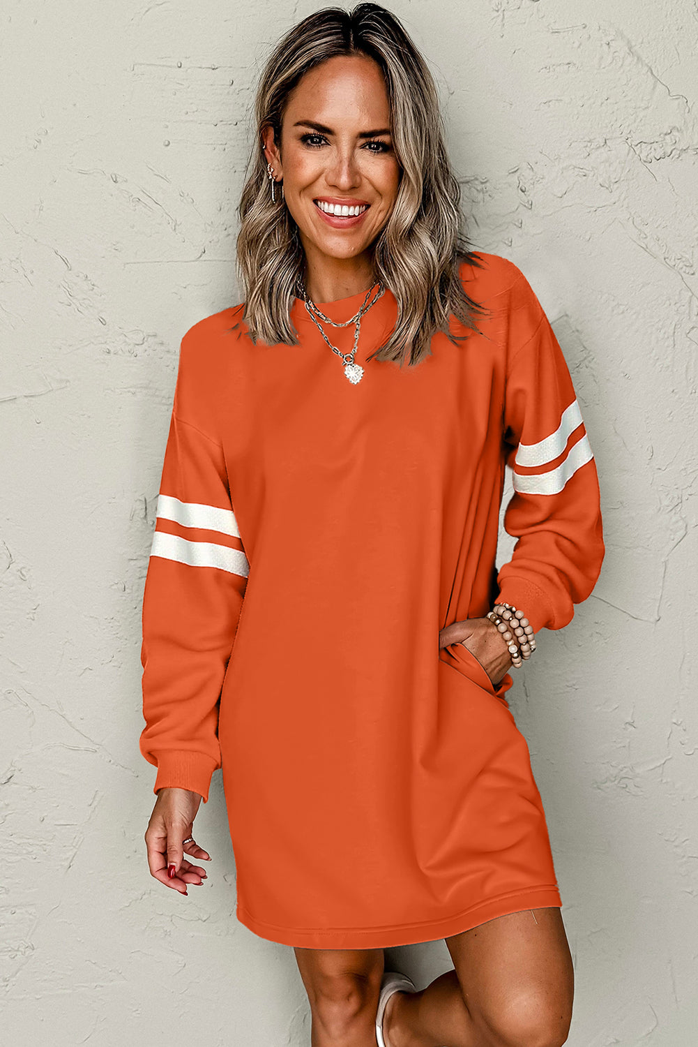 Orange Preppy Striped Sleeve Loose Mini Dress