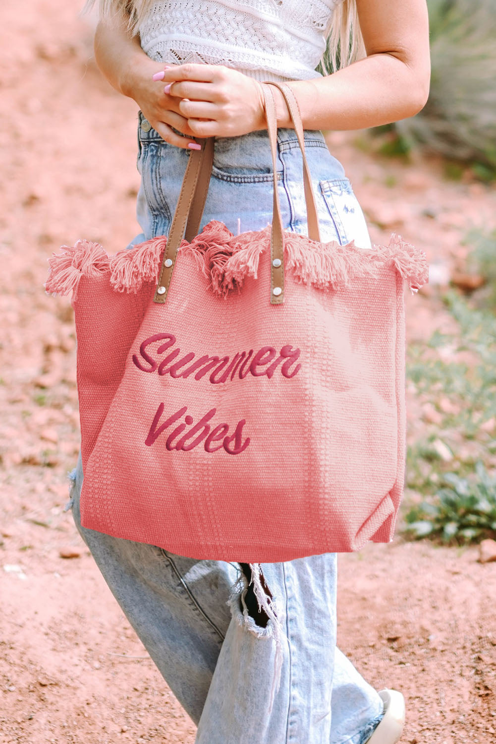 Summer Vibes Distressed Canvas Large Tote Bag