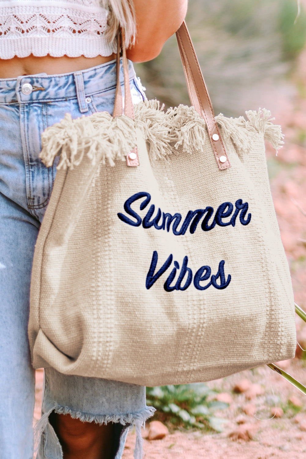 Summer Vibes Distressed Canvas Large Tote Bag