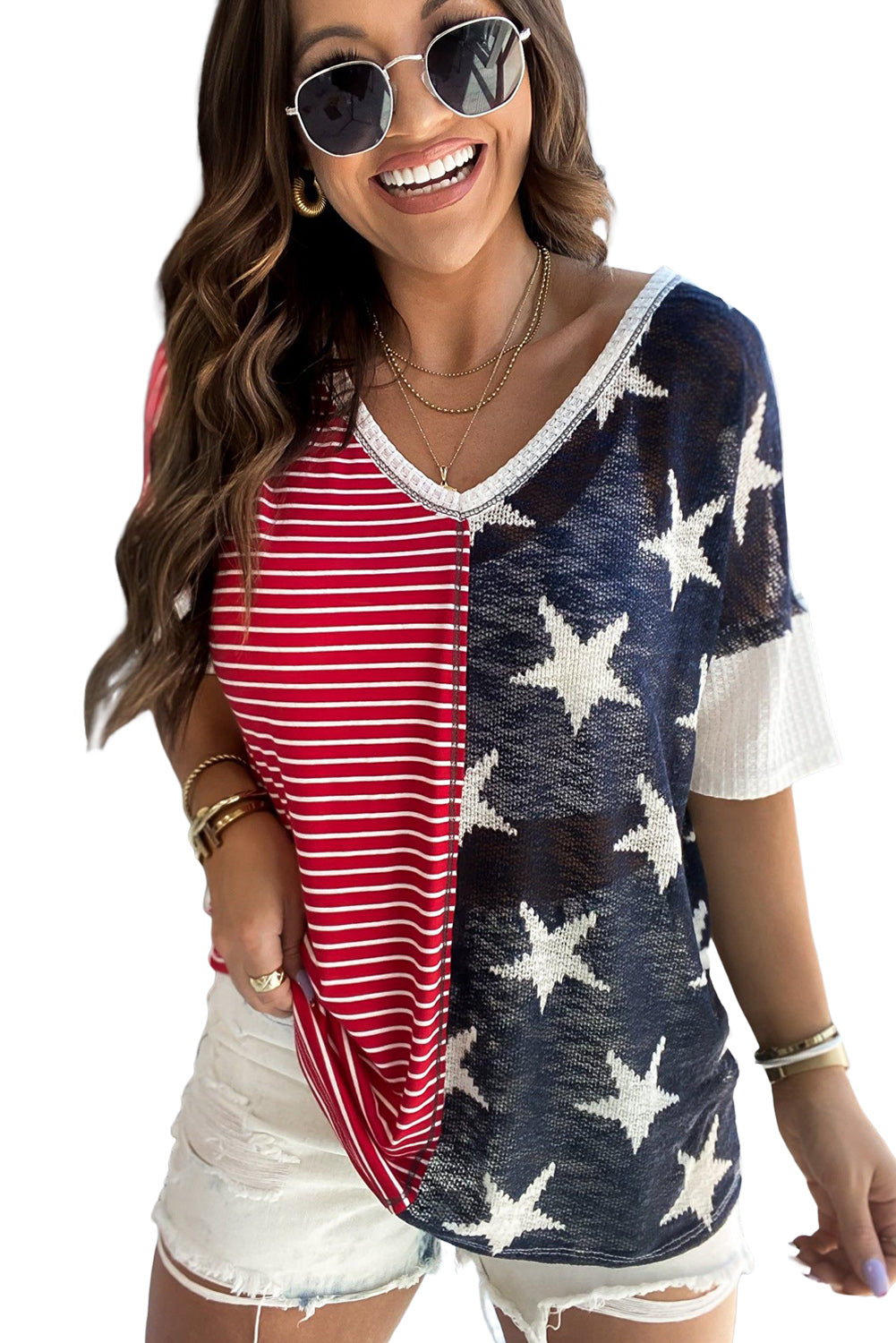 Multicolor Stripes Stars Print Knit Short Sleeve Top