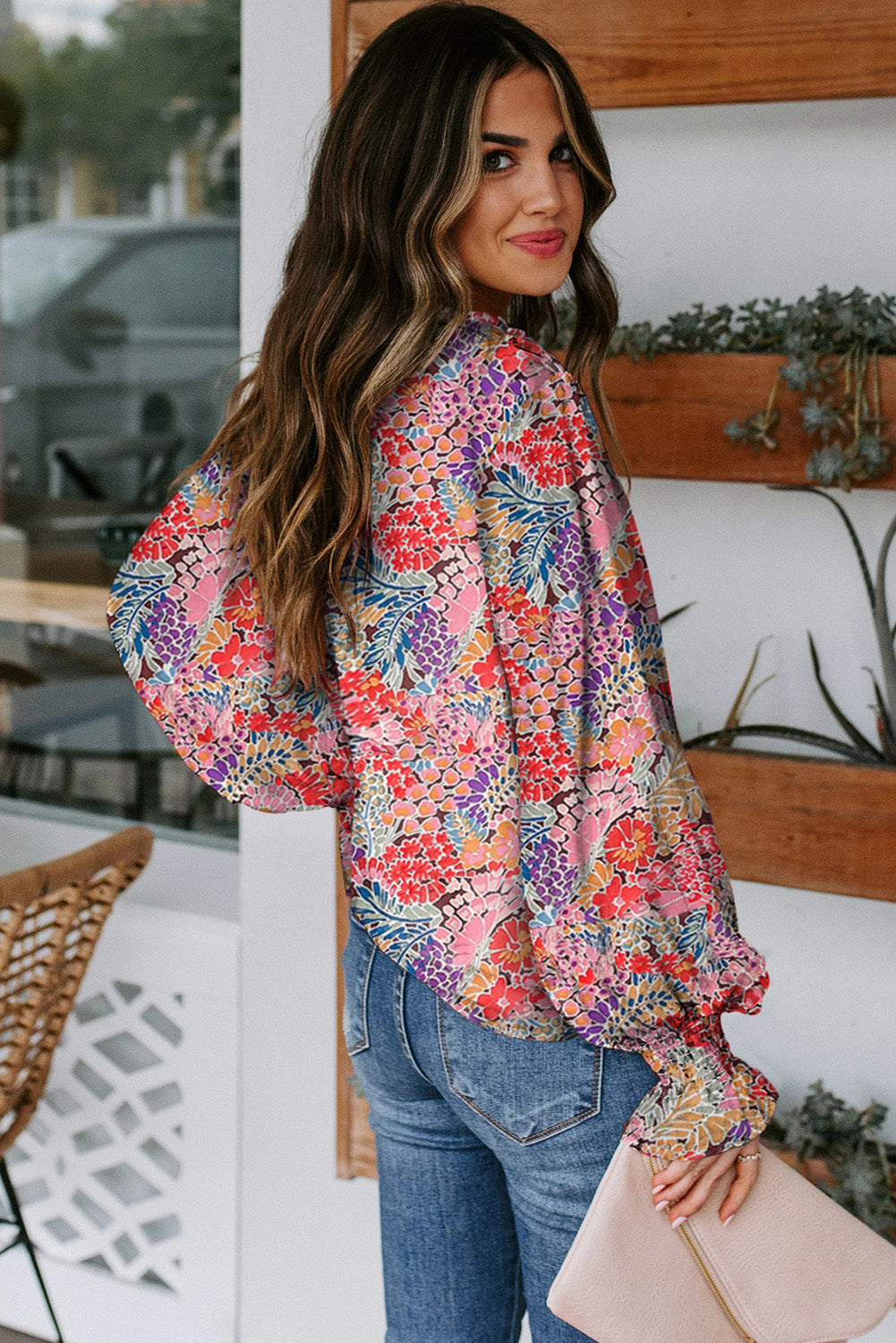 Pink Floral Print Bohemian Button Tie Front Blouse