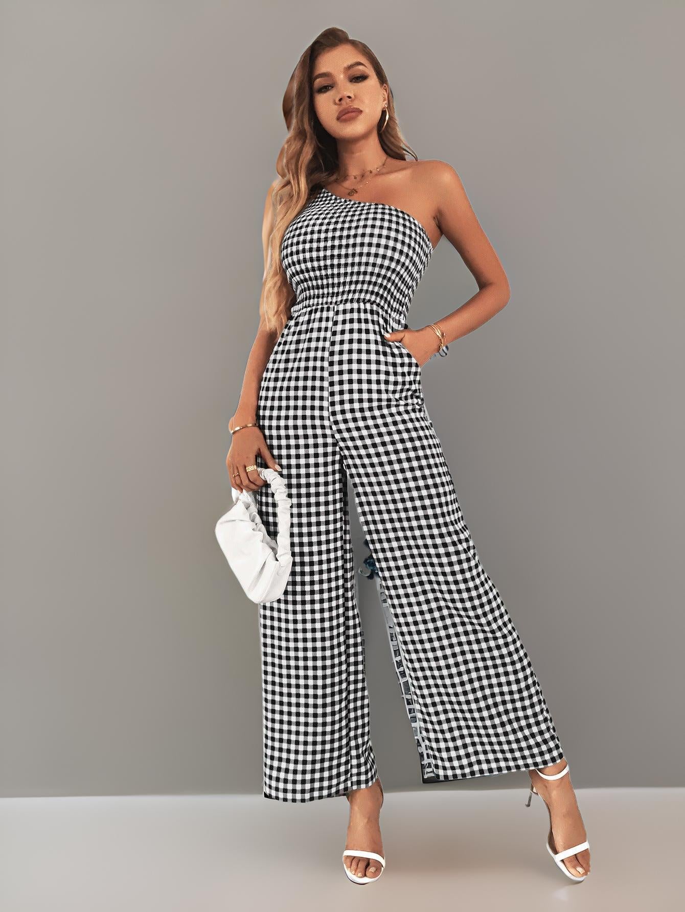 Plaid One-Shoulder Wide Leg Jumpsuit with Pockets