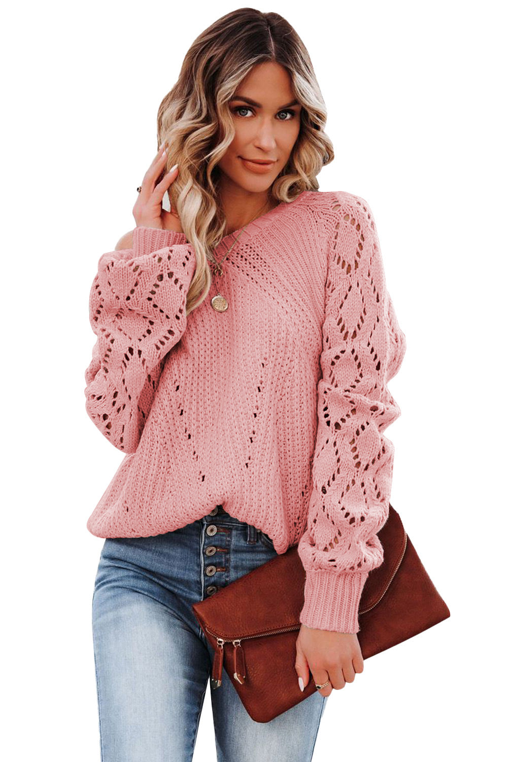 Beige Casual Hollow Out Knit Sweater