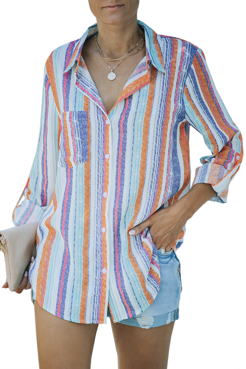 Button Up Collared Stripes Shirt for Women