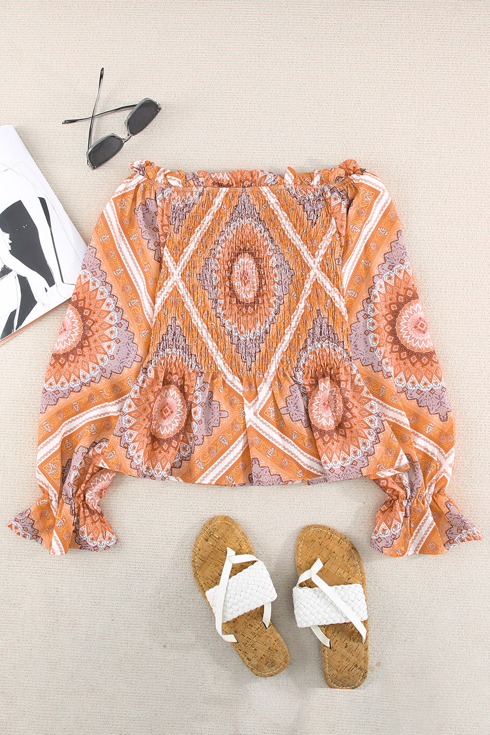 Paisley Print Smocked Off Shoulder Top
