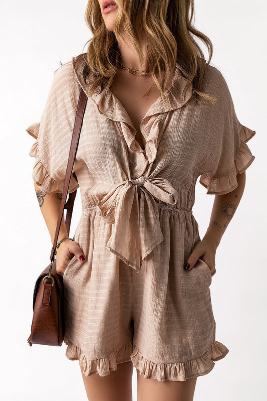 Striped Tie Ruffled Romper with Pockets
