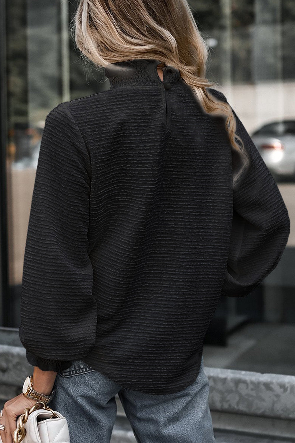 Mock Neck Top Textured Frill Detail Shirred Cuffs Blouse