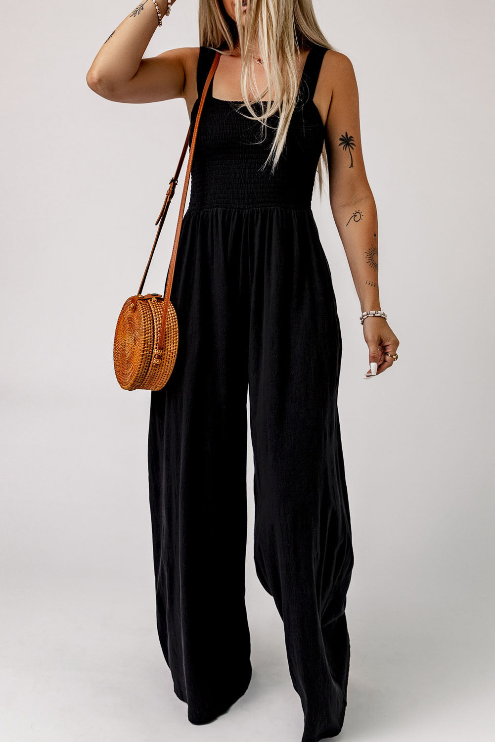 Casual Smocked Sleeveless Wide Leg Jumpsuit With Pockets