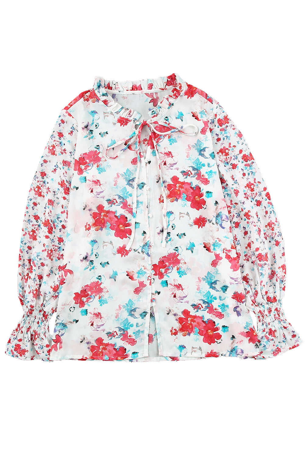 Pink Floral Print Bohemian Button Tie Front Blouse
