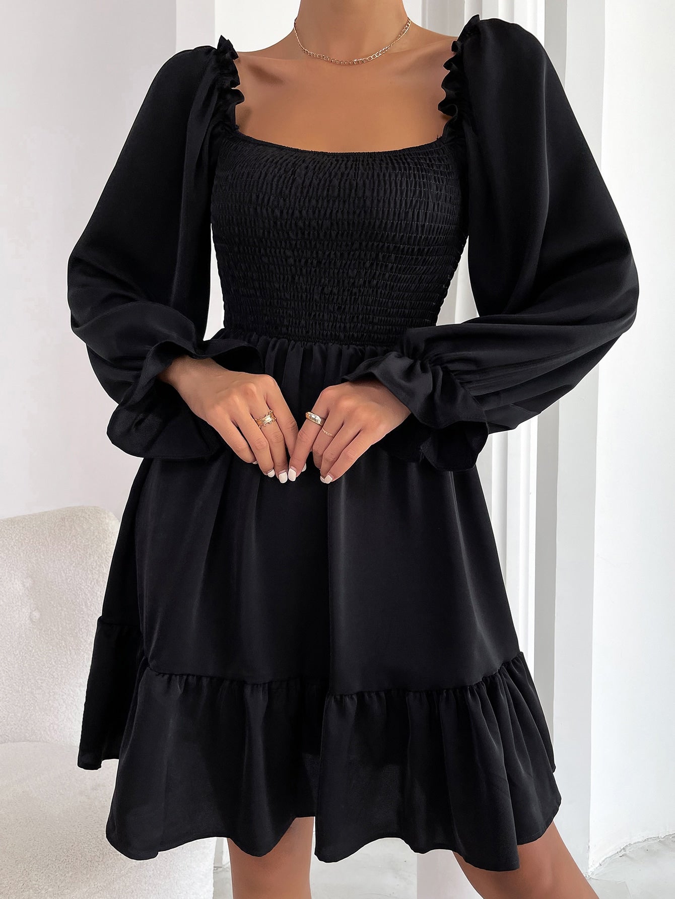Square Neck Shirred Bodice Flounce Sleeve Ruffle Hem Dress