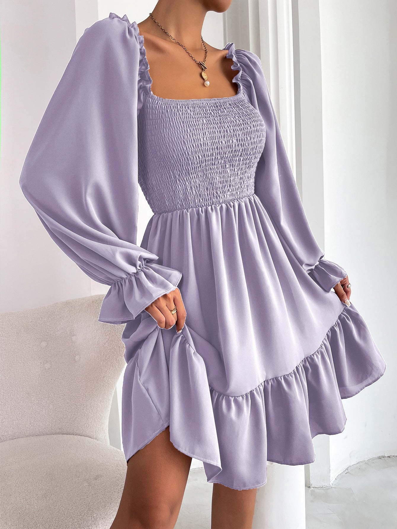 Square Neck Shirred Bodice Flounce Sleeve Ruffle Hem Dress