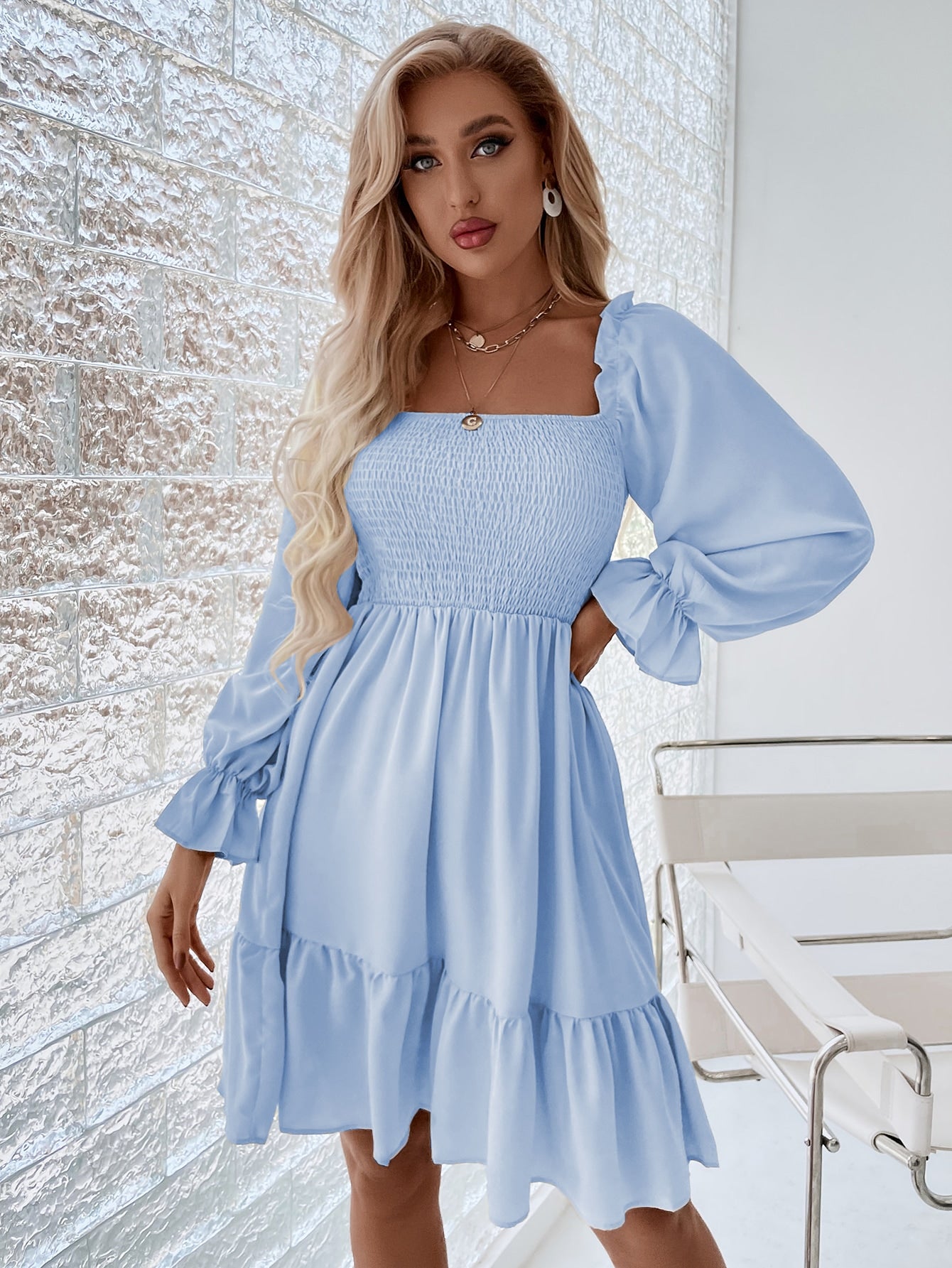 Square Neck Shirred Bodice Flounce Sleeve Ruffle Hem Dress