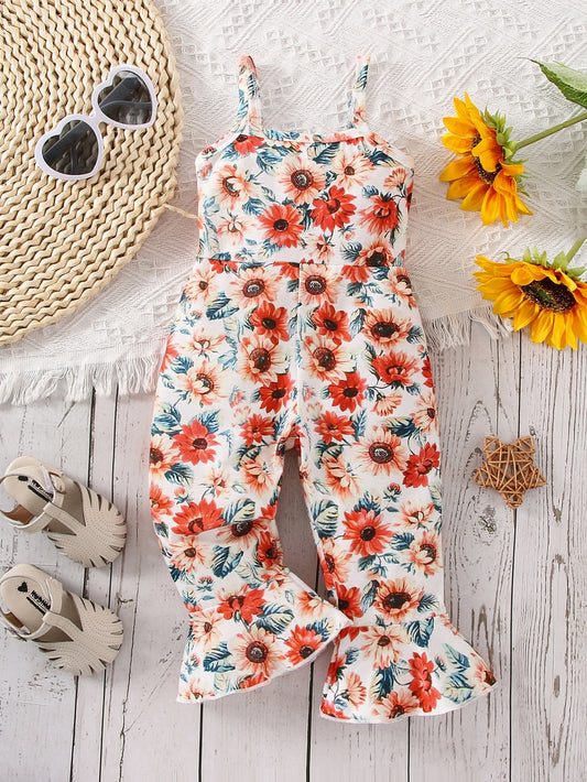 Baby Sunflower Print Ruffle Hem Cami Flare Leg Jumpsuit