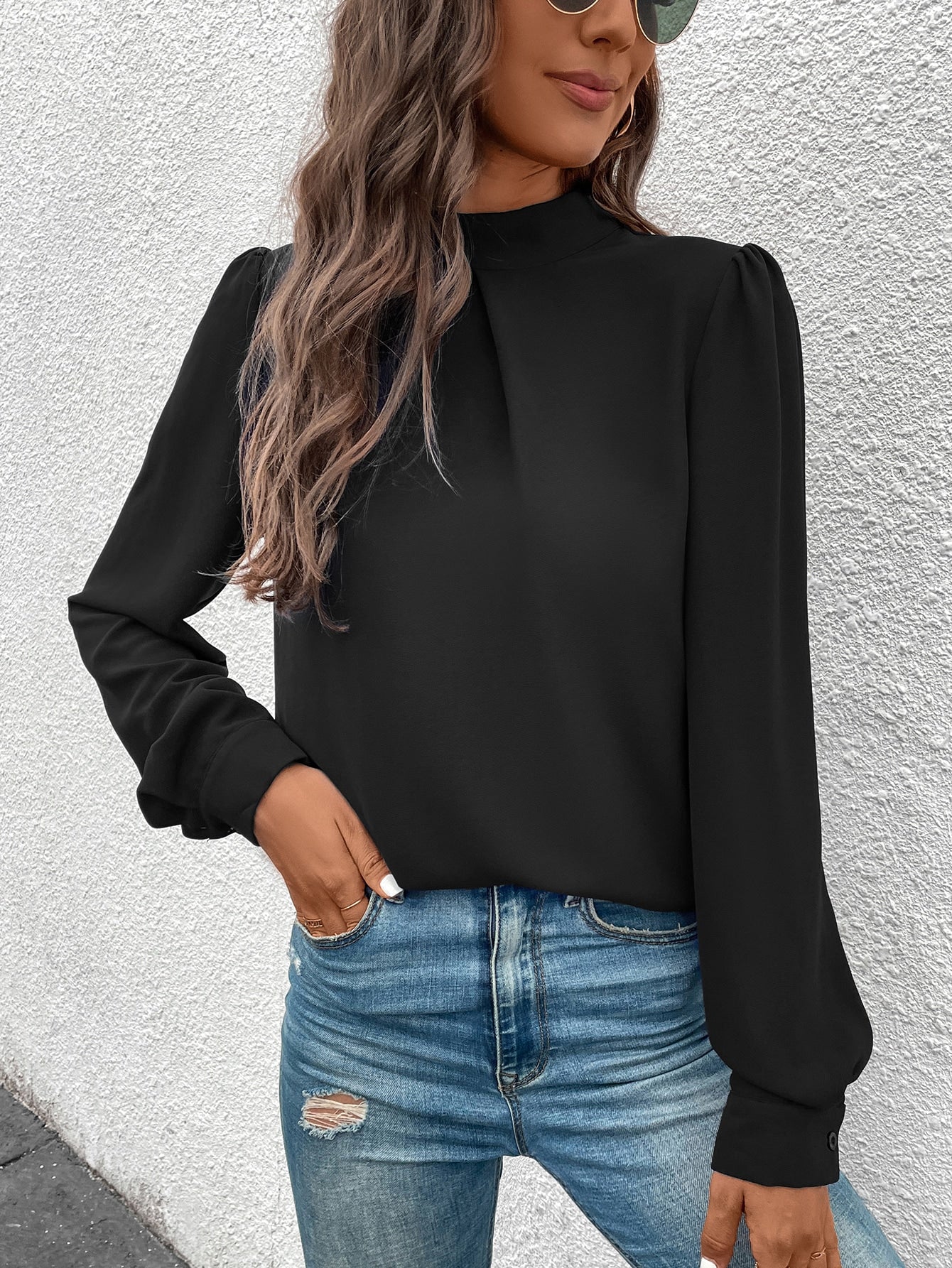Solid Mock Neck Puff Sleeve Blouse