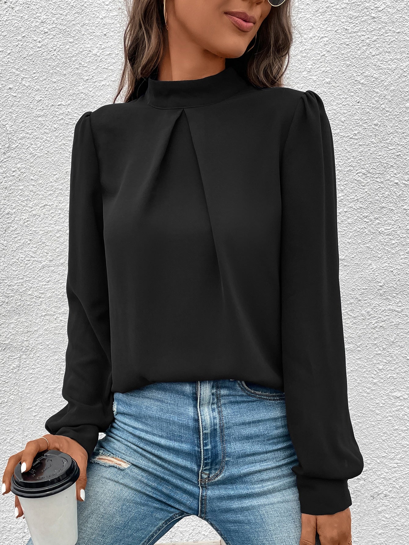 Solid Mock Neck Puff Sleeve Blouse