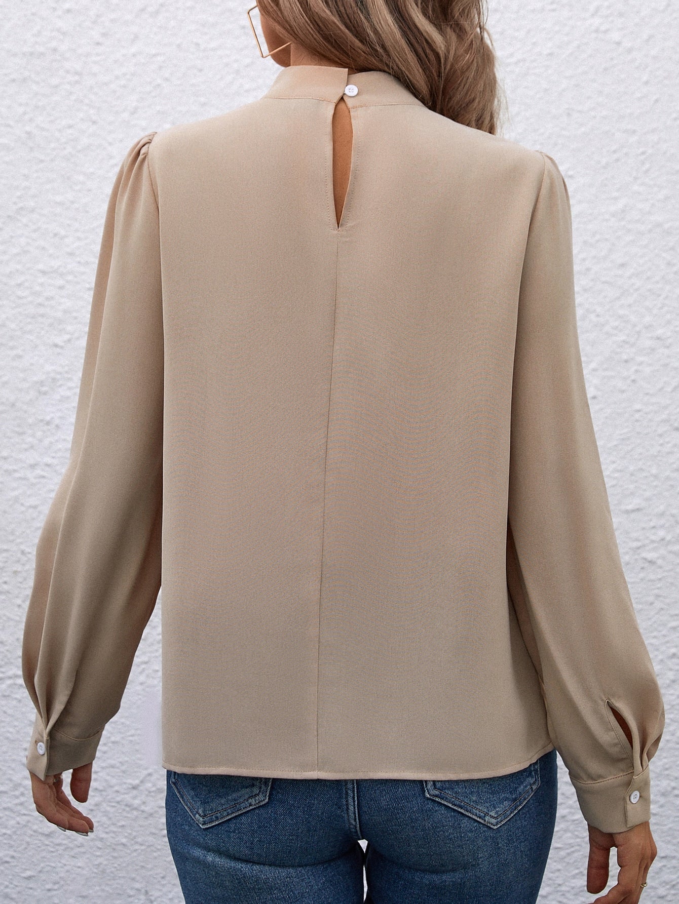 Solid Mock Neck Puff Sleeve Blouse