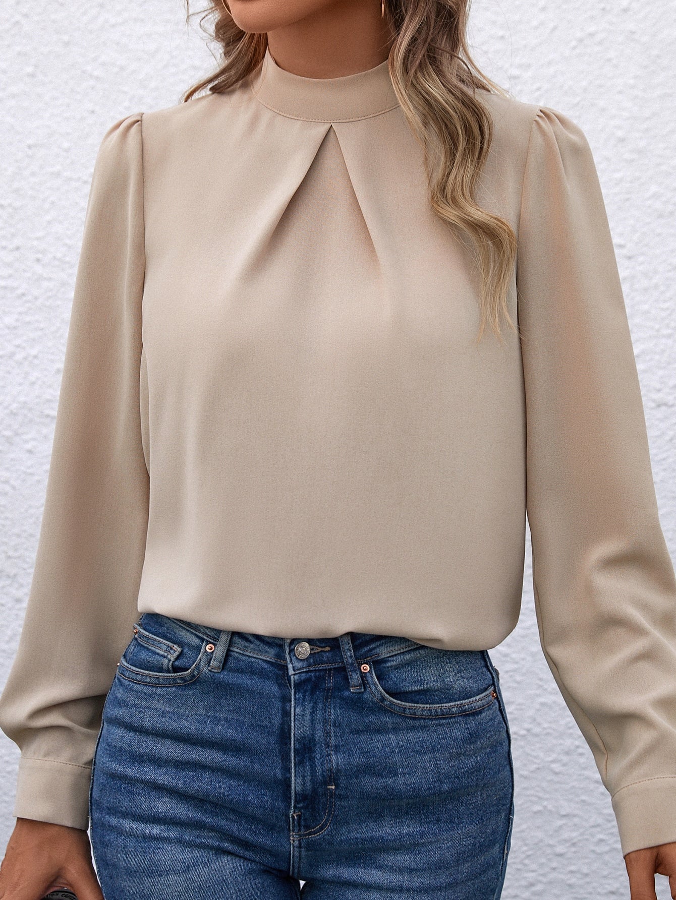 Solid Mock Neck Puff Sleeve Blouse