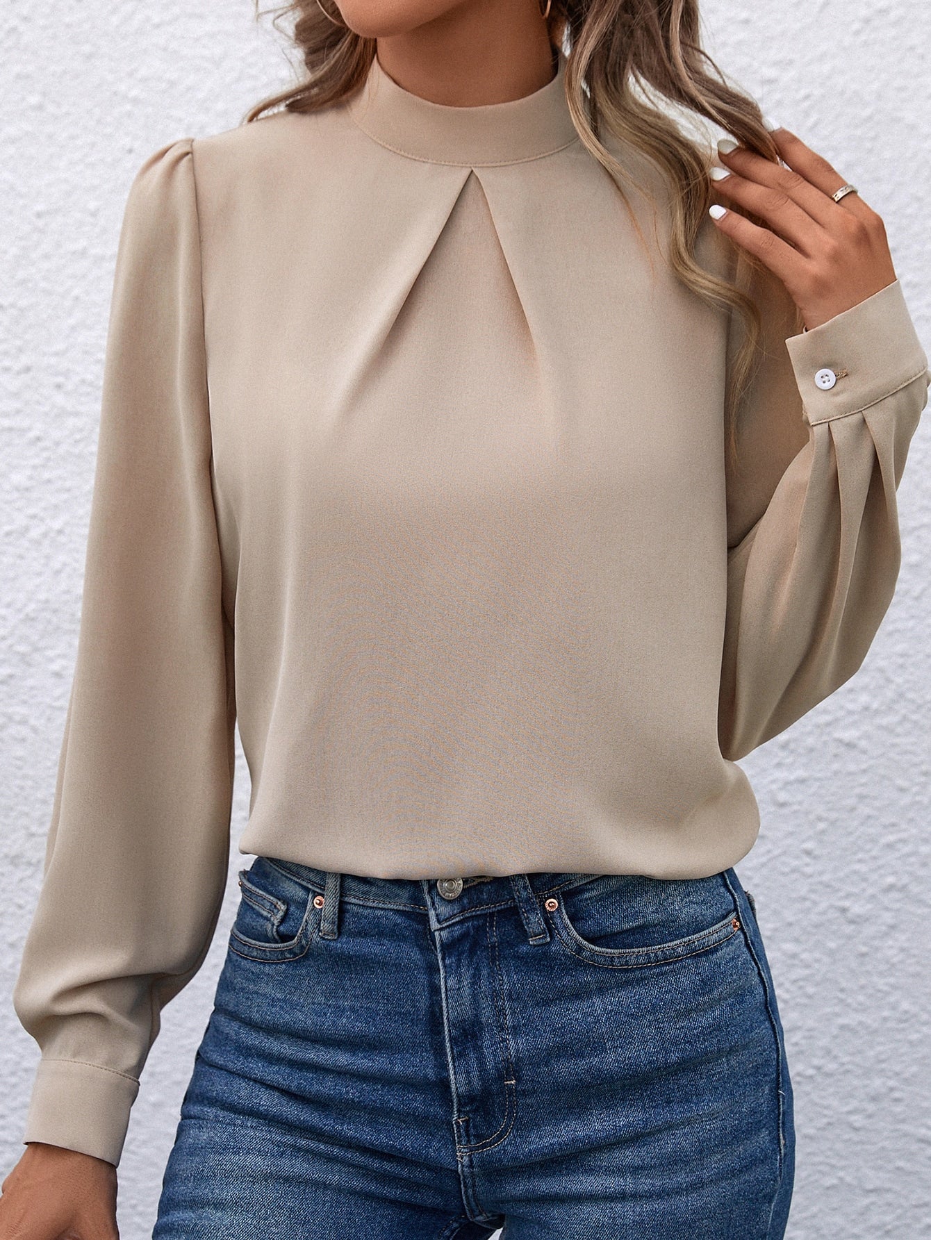 Solid Mock Neck Puff Sleeve Blouse