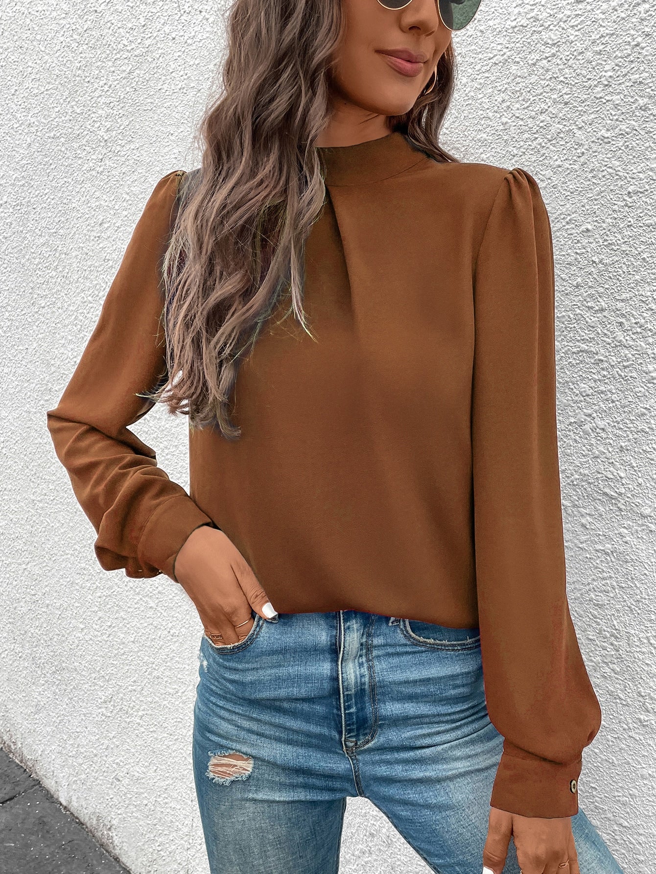 Solid Mock Neck Puff Sleeve Blouse