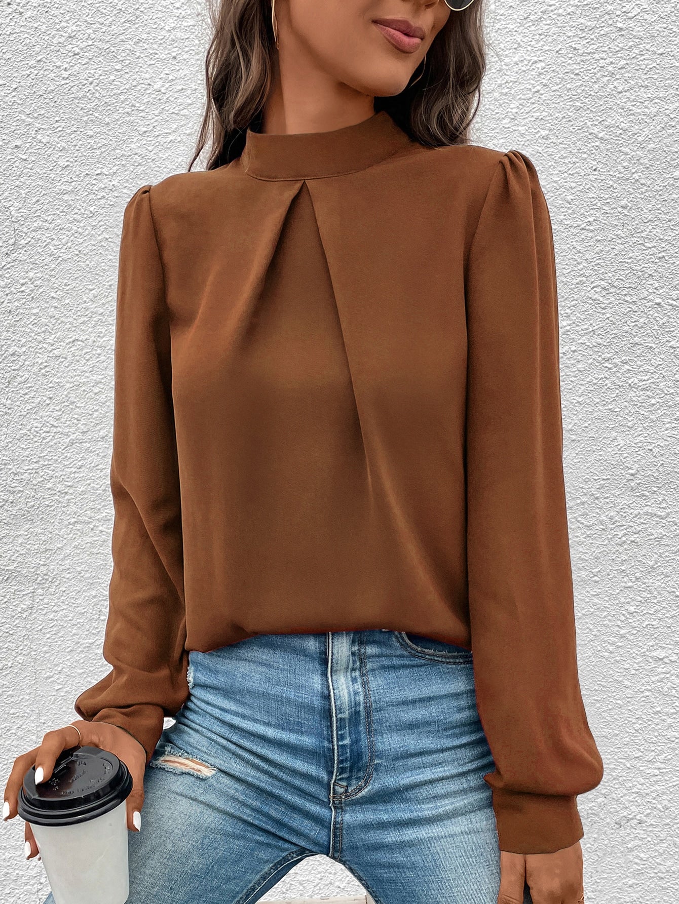 Solid Mock Neck Puff Sleeve Blouse