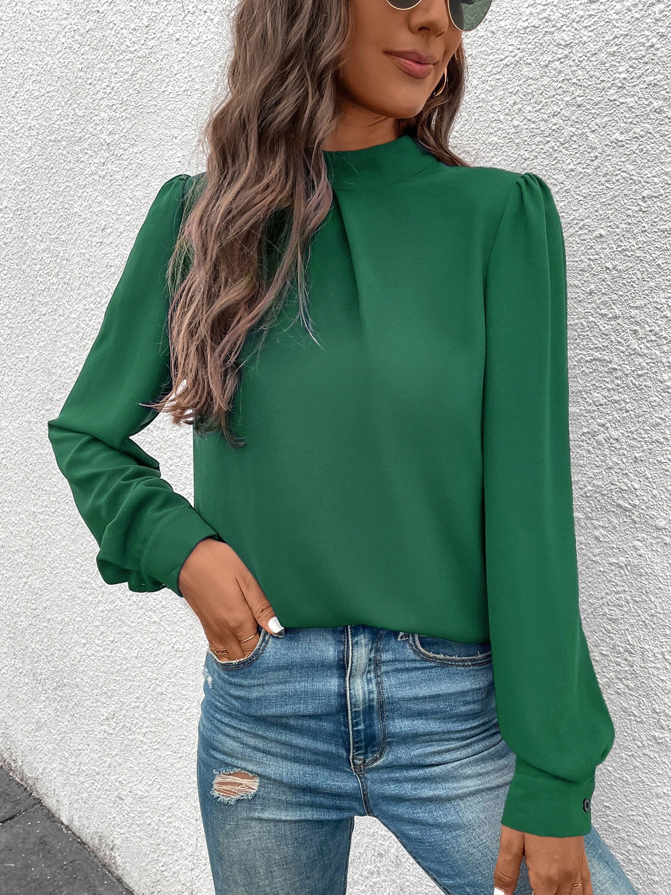 Solid Mock Neck Puff Sleeve Blouse