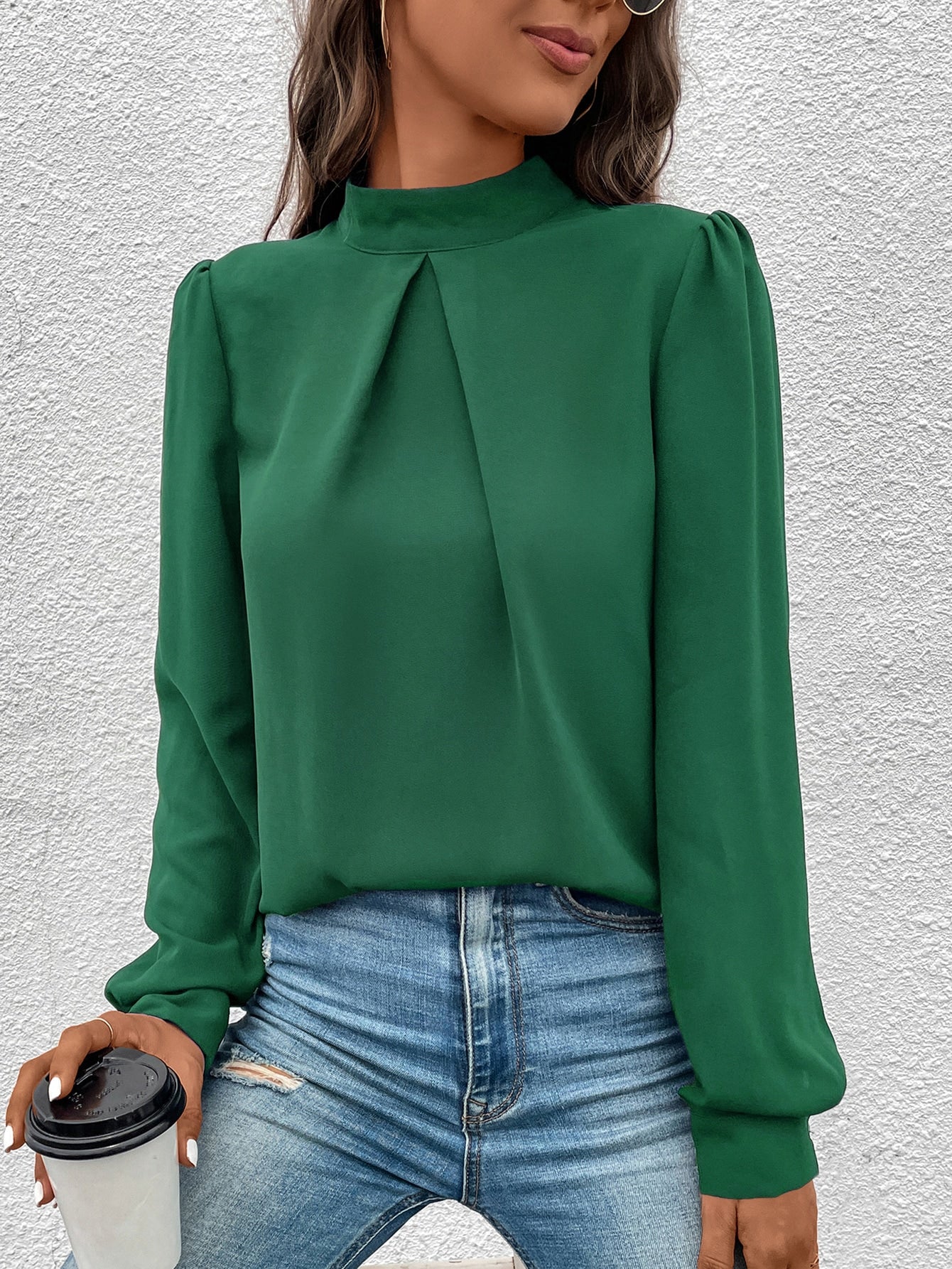 Solid Mock Neck Puff Sleeve Blouse
