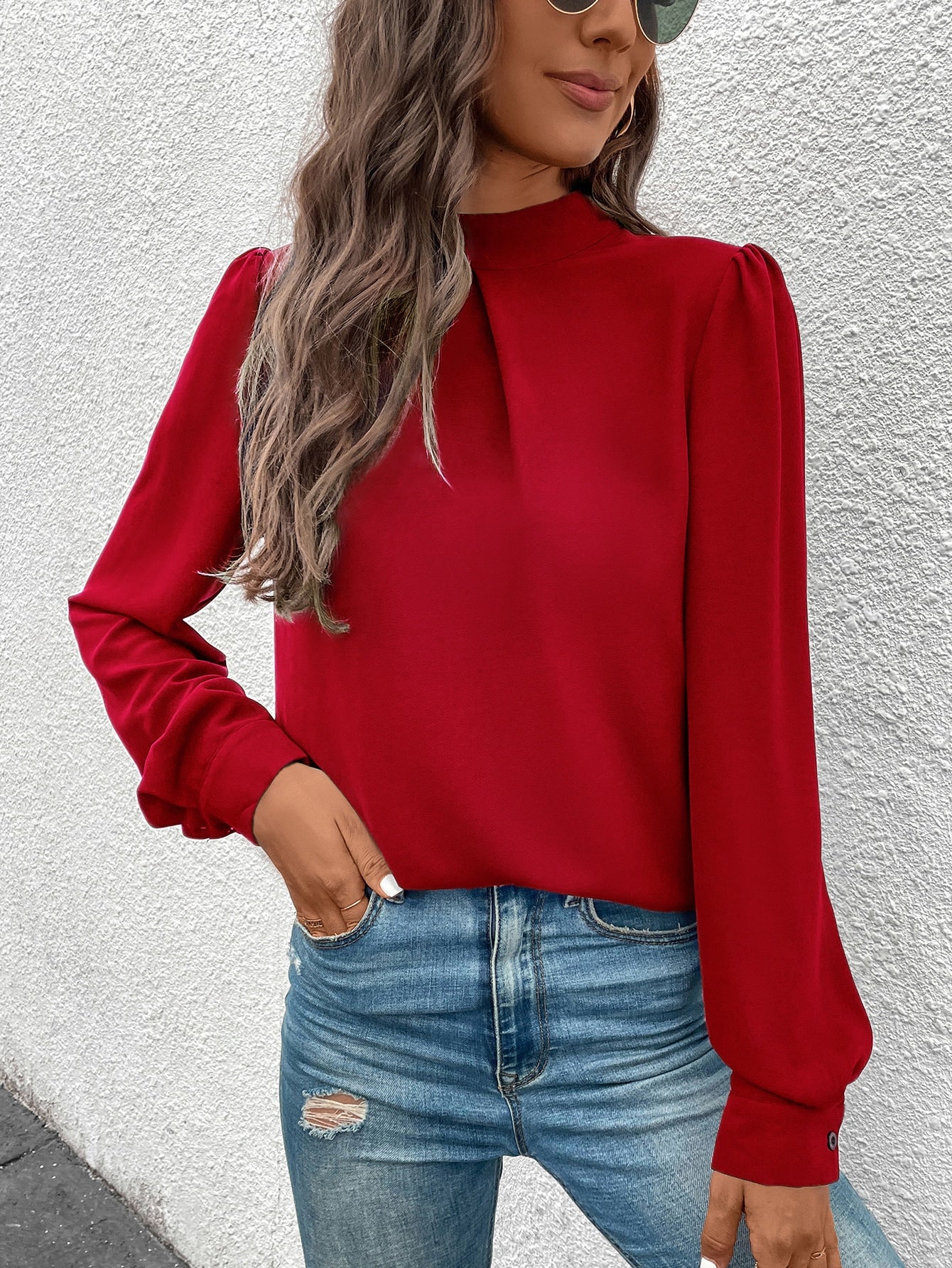 Solid Mock Neck Puff Sleeve Blouse