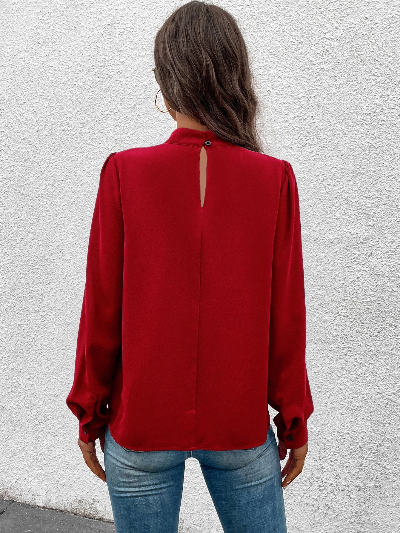 Solid Mock Neck Puff Sleeve Blouse