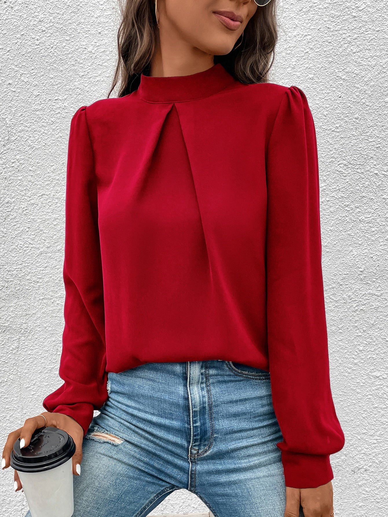 Solid Mock Neck Puff Sleeve Blouse