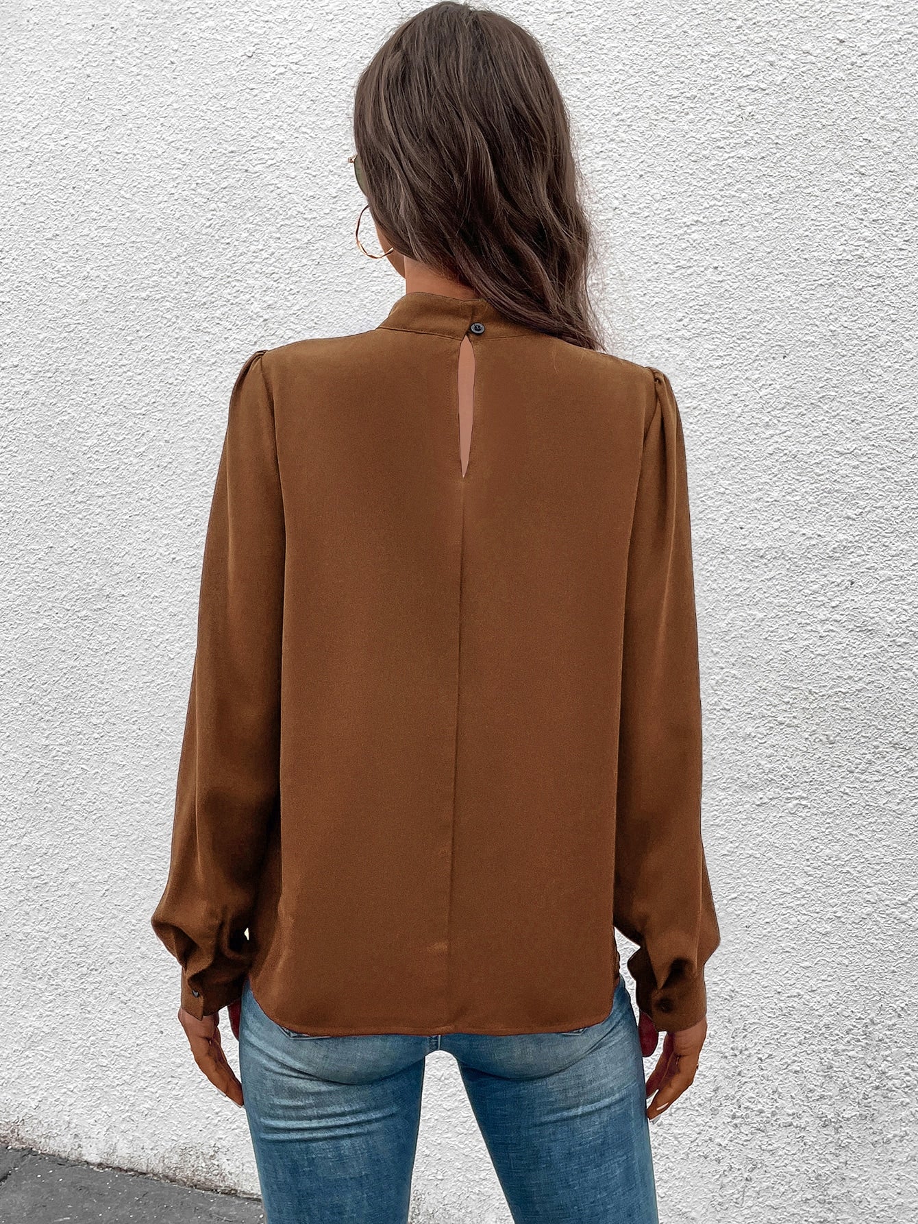 Solid Mock Neck Puff Sleeve Blouse