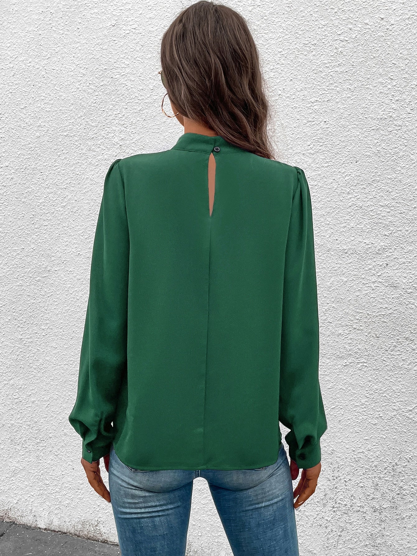 Solid Mock Neck Puff Sleeve Blouse