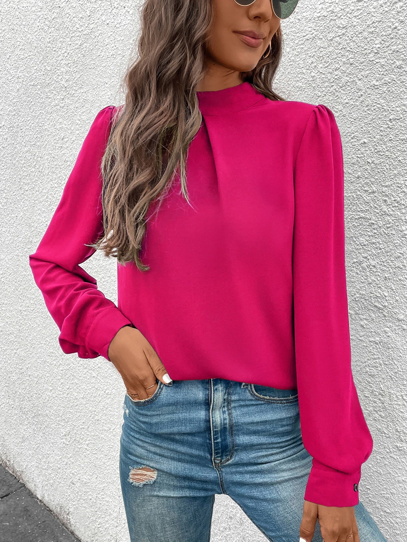 Solid Mock Neck Puff Sleeve Blouse