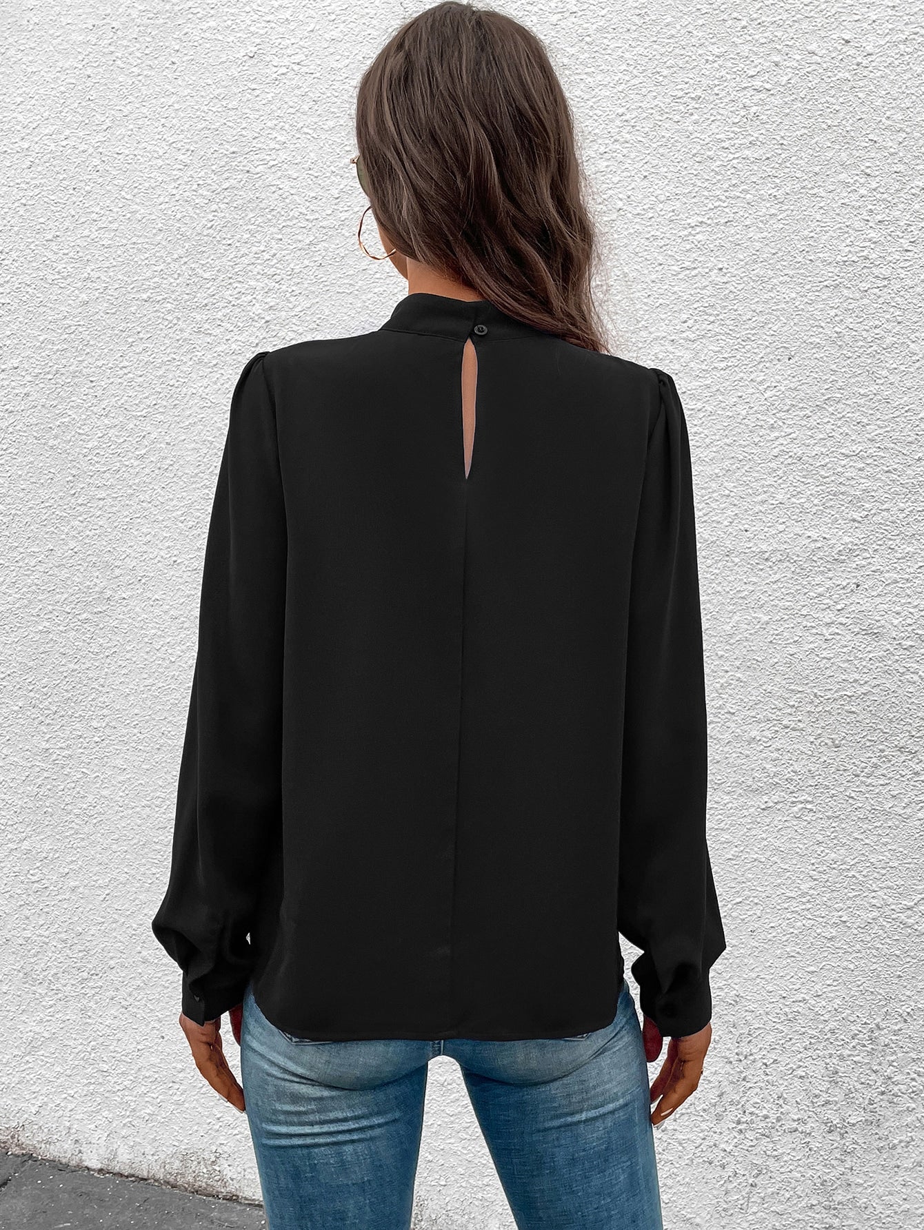 Solid Mock Neck Puff Sleeve Blouse