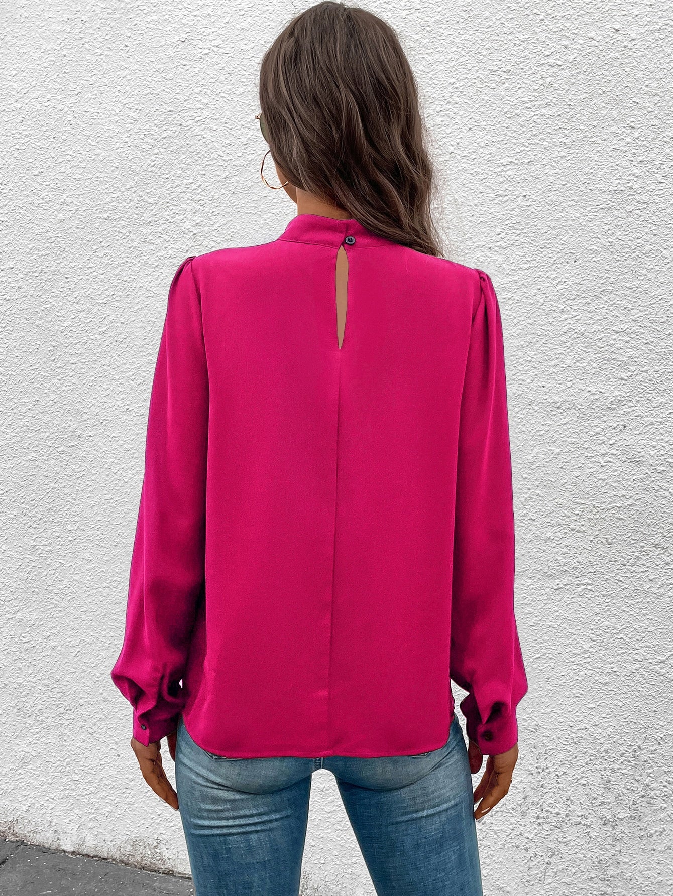 Solid Mock Neck Puff Sleeve Blouse