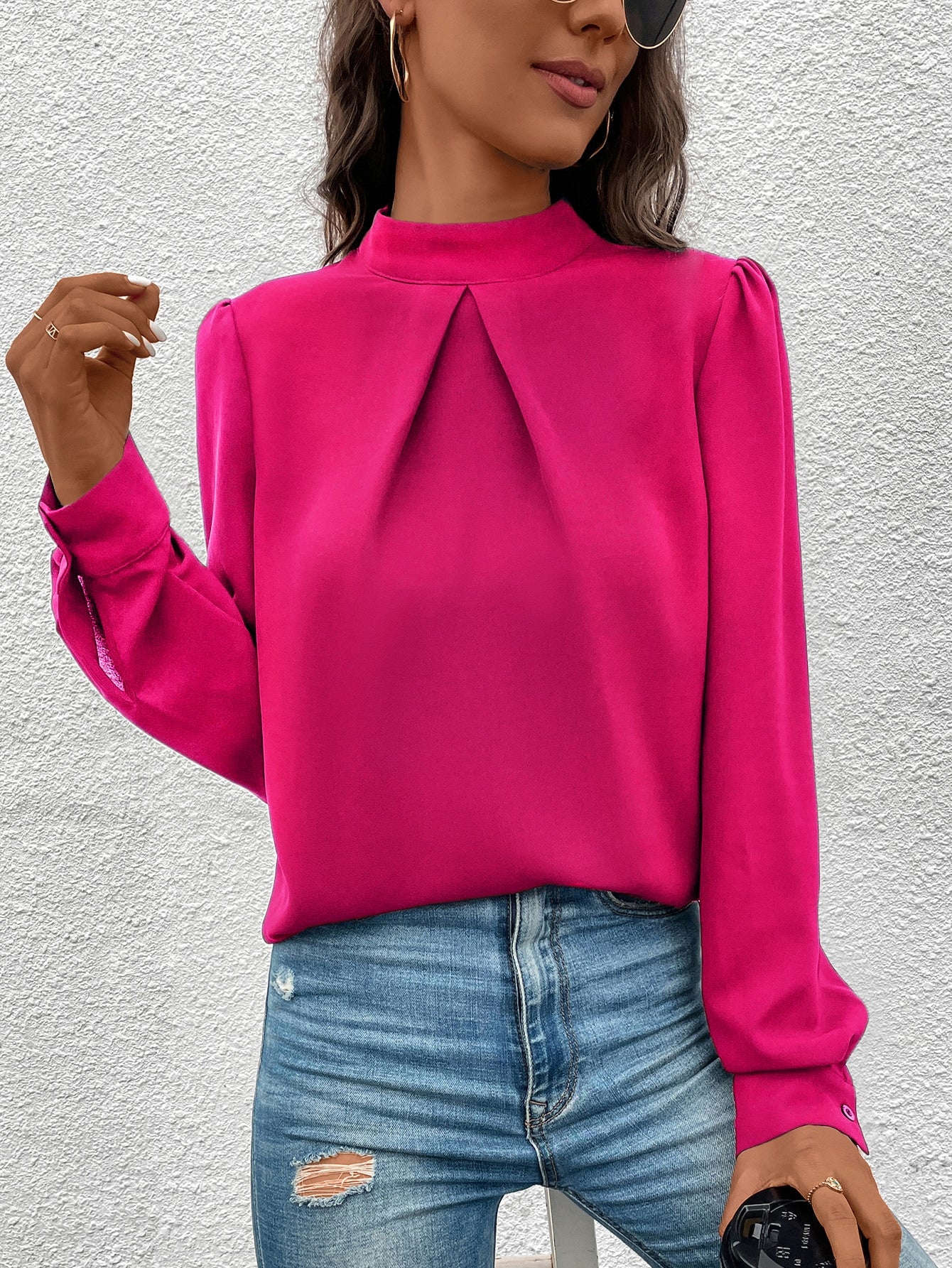Solid Mock Neck Puff Sleeve Blouse