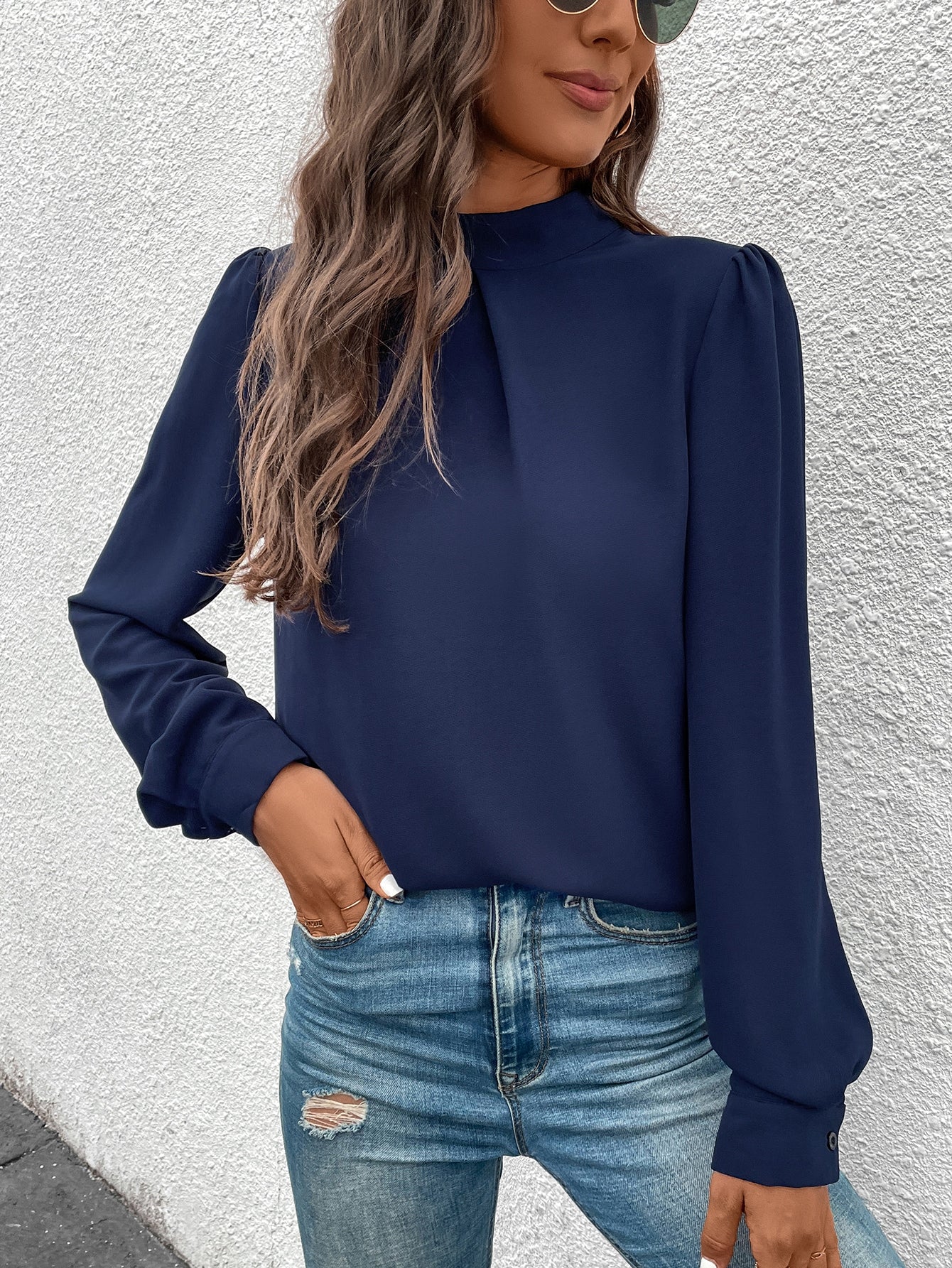 Solid Mock Neck Puff Sleeve Blouse