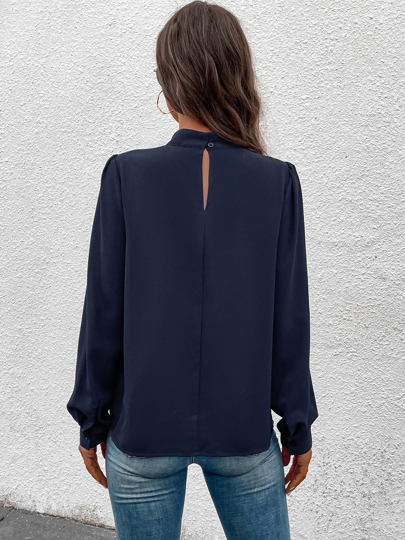 Solid Mock Neck Puff Sleeve Blouse