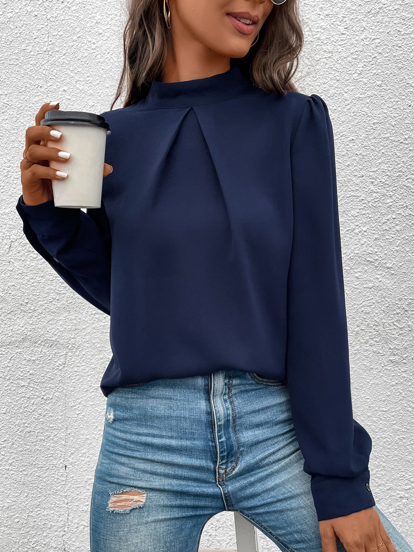 Solid Mock Neck Puff Sleeve Blouse