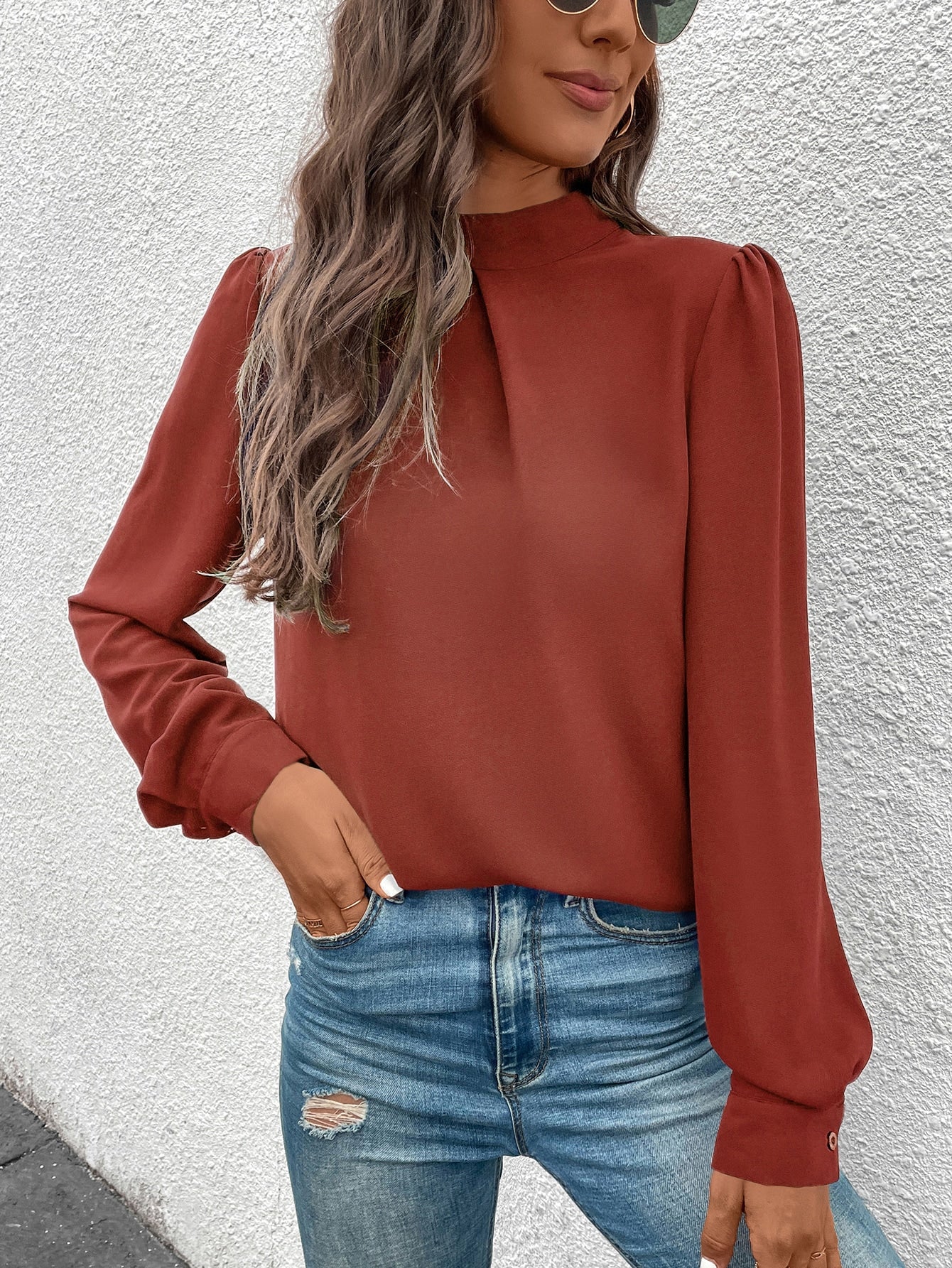 Solid Mock Neck Puff Sleeve Blouse