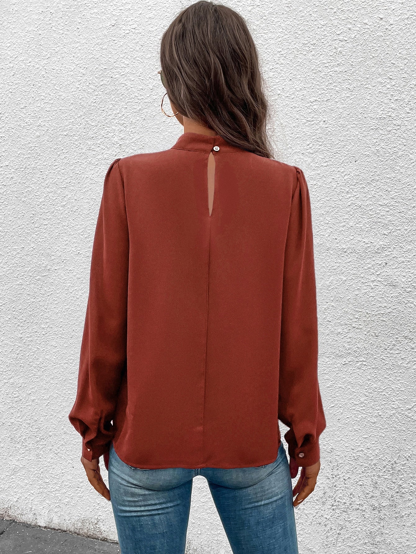 Solid Mock Neck Puff Sleeve Blouse