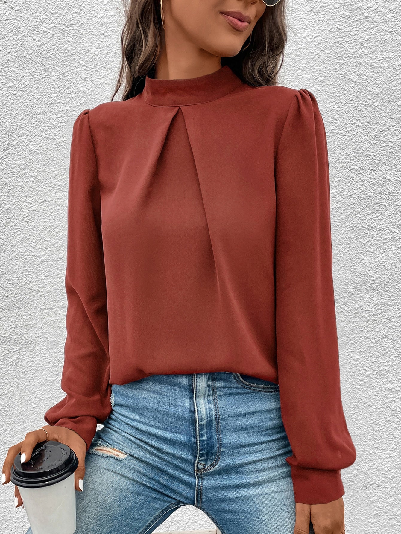 Solid Mock Neck Puff Sleeve Blouse