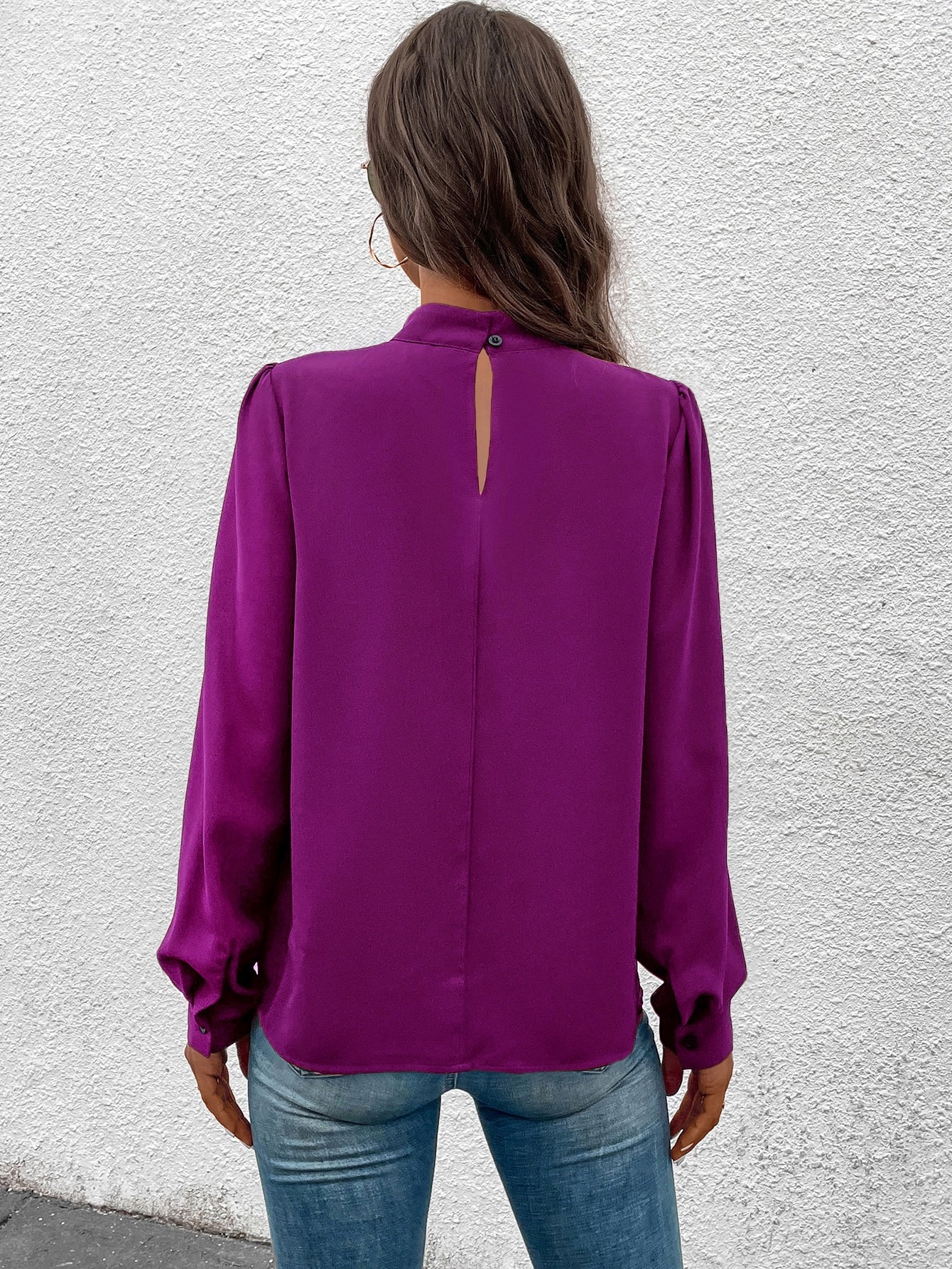 Solid Mock Neck Puff Sleeve Blouse