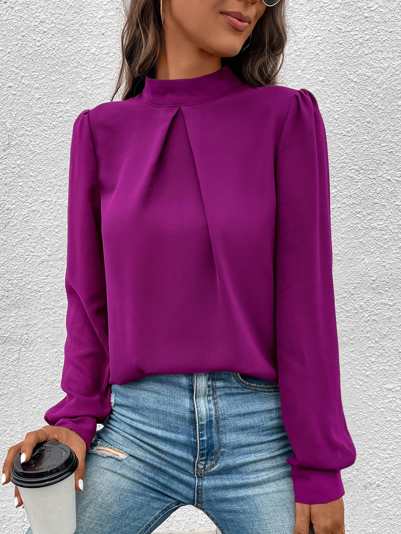 Solid Mock Neck Puff Sleeve Blouse