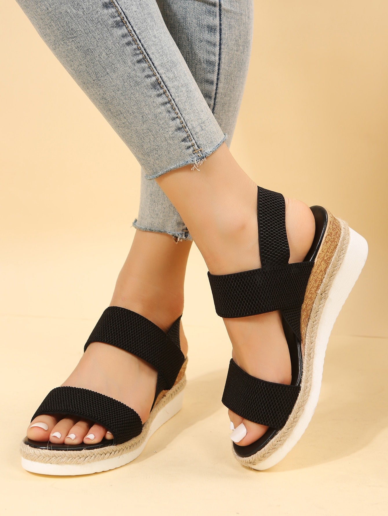 Women Double Band Slingback Sandals Vacation Outdoor Fabric Wedge Sandals