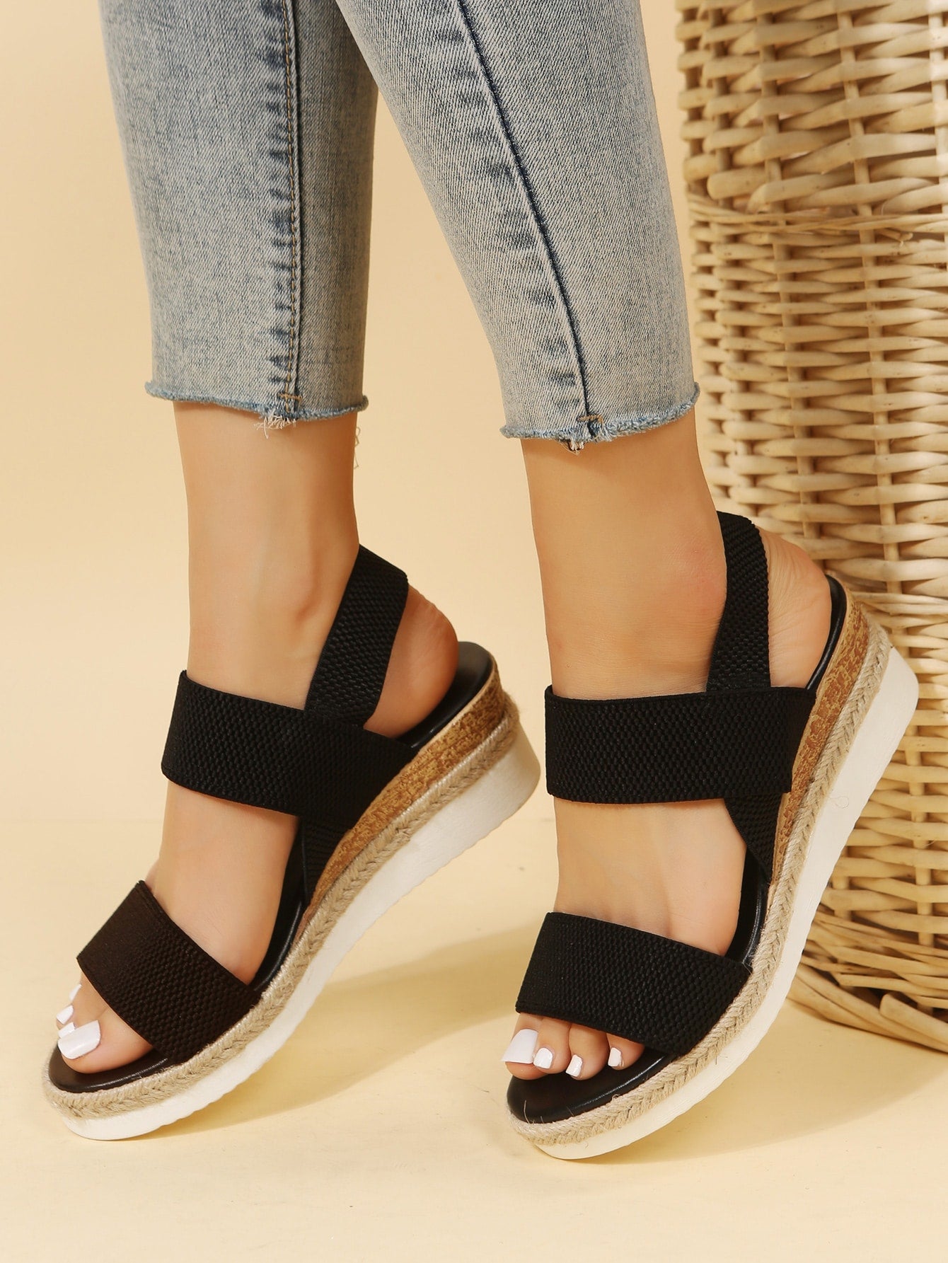 Women Double Band Slingback Sandals Vacation Outdoor Fabric Wedge Sandals