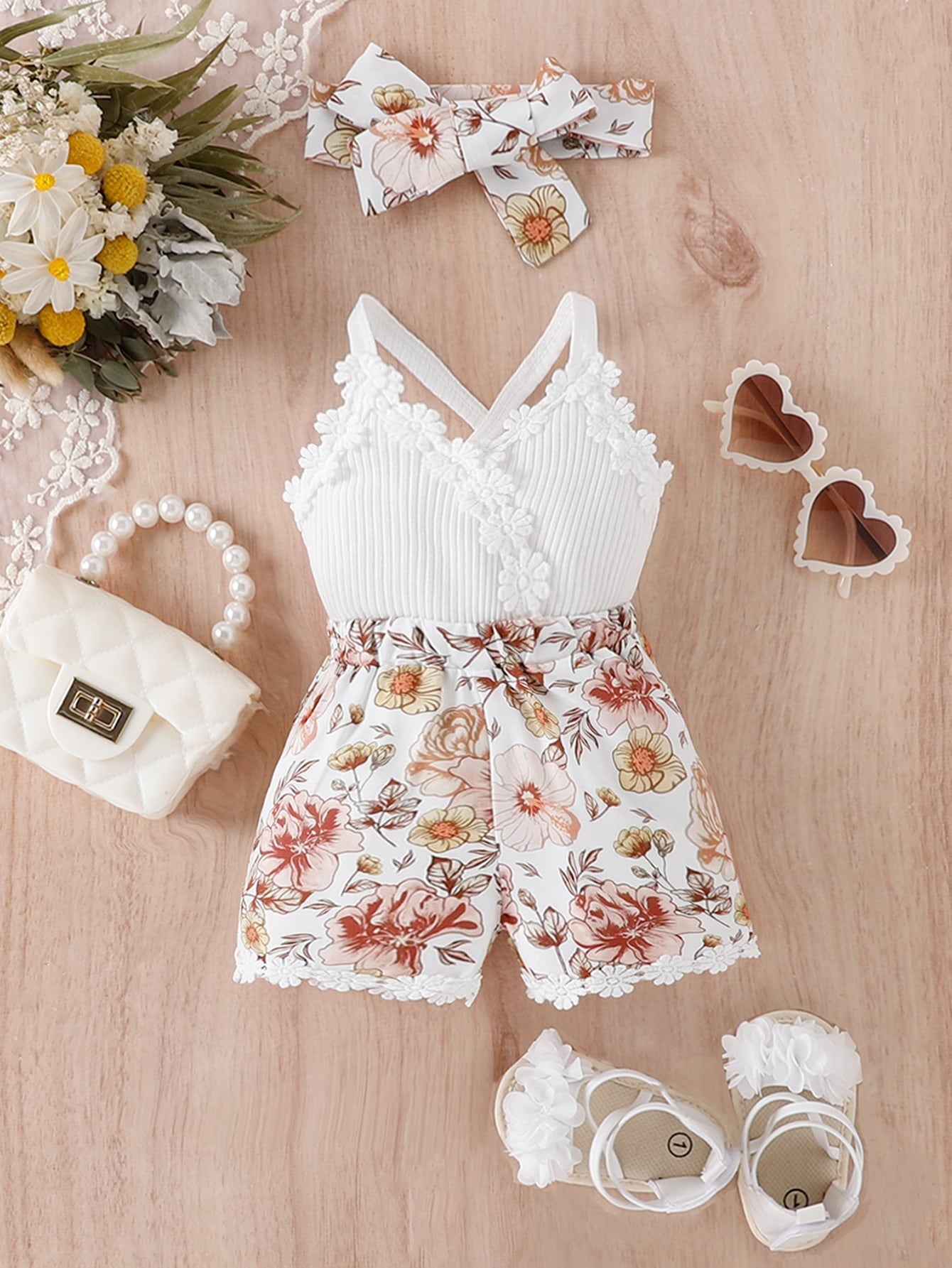 Baby Floral Print Appliques Crisscross Back Cami Romper